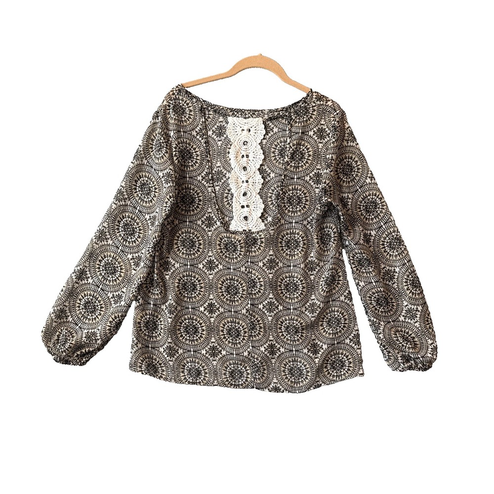 Blue Rain Blouse L Open Back Crochet Lace Medallion Boho Top USA Resort Sheer
